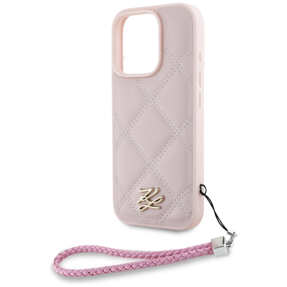 Husa pentru Apple iPhone 16 Pro Max, Karl Lagerfeld, Quilted Initial Logo & Chain Strap, Roz