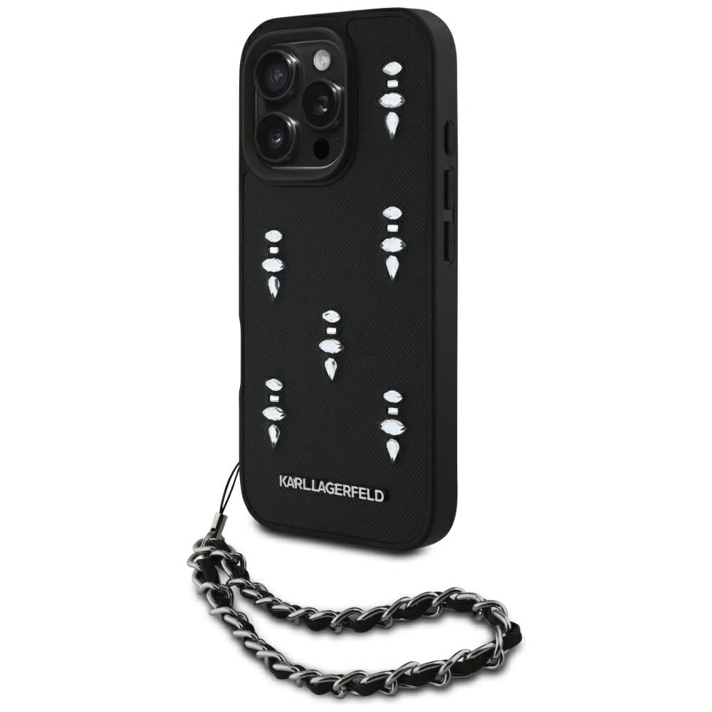 Husa pentru Apple iPhone 16 Pro Max, Karl Lagerfeld, Saffiano Crystals & Charm, Neagra