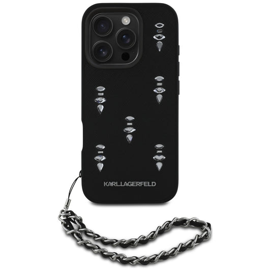 Husa pentru Apple iPhone 16 Pro Max, Karl Lagerfeld, Saffiano Crystals & Charm, Neagra