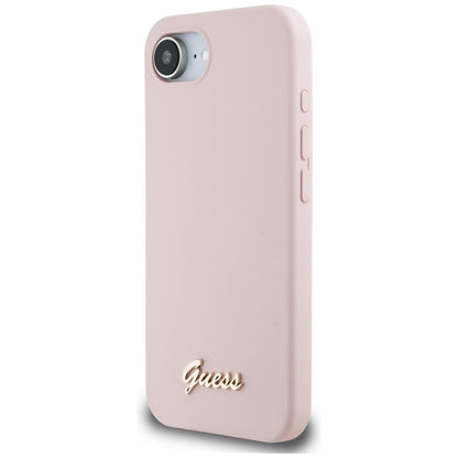 Husa pentru Apple iPhone 16e, Guess, Script Metal Logo, Roz