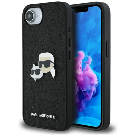 Husa pentru Apple iPhone 16e, Karl Lagerfeld, Glitter Fixed Karl & Choupette's Heads, Albastra