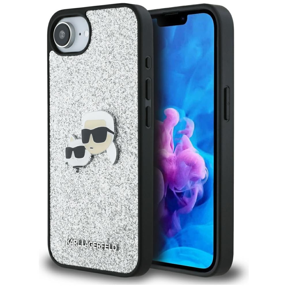 Husa pentru Apple iPhone 16e, Karl Lagerfeld, Glitter Fixed Karl & Choupette's Heads, Argintie