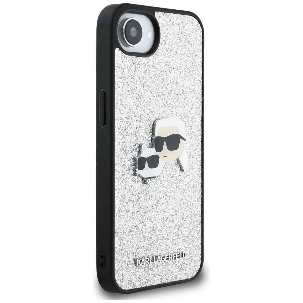 Husa pentru Apple iPhone 16e, Karl Lagerfeld, Glitter Fixed Karl & Choupette's Heads, Argintie