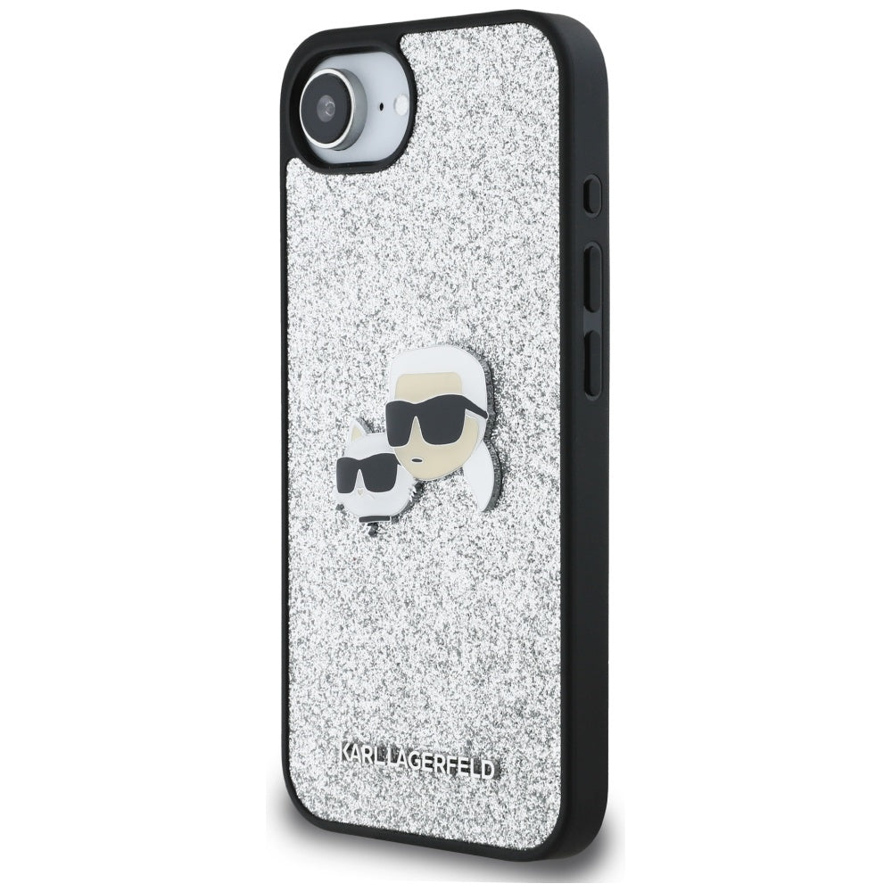 Husa pentru Apple iPhone 16e, Karl Lagerfeld, Glitter Fixed Karl & Choupette's Heads, Argintie