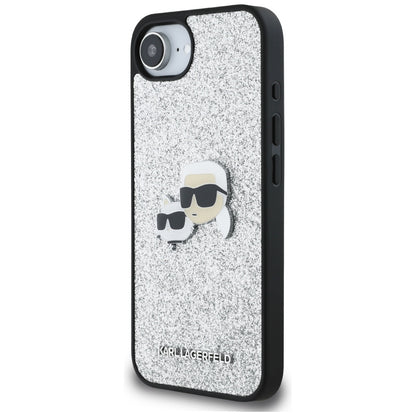 Husa pentru Apple iPhone 16e, Karl Lagerfeld, Glitter Fixed Karl & Choupette's Heads, Argintie