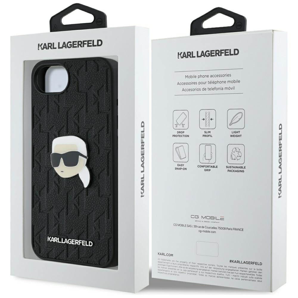 Husa pentru Apple iPhone 16e, Karl Lagerfeld, Monogram Karl's Head, Neagra
