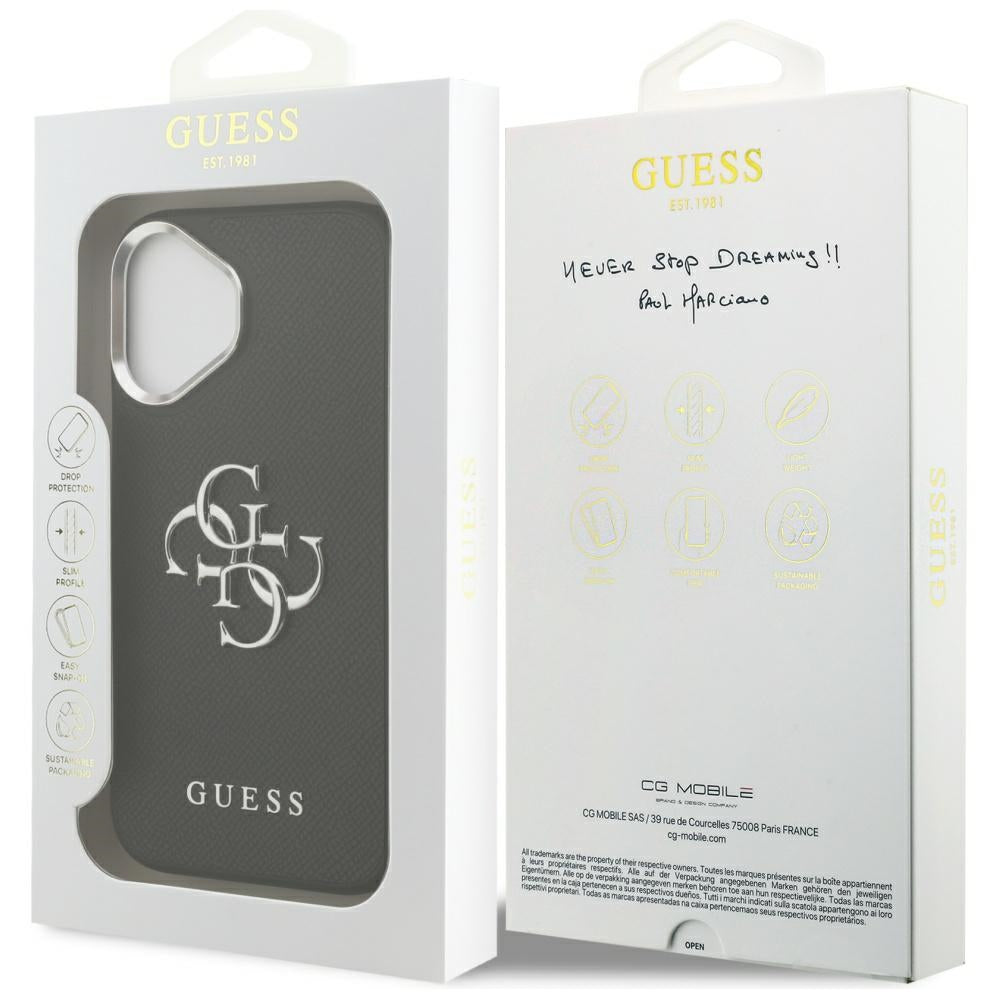 Husa pentru Apple iPhone 17, Guess, 4G Grained Big and Classic Logo, Neagra Argintie