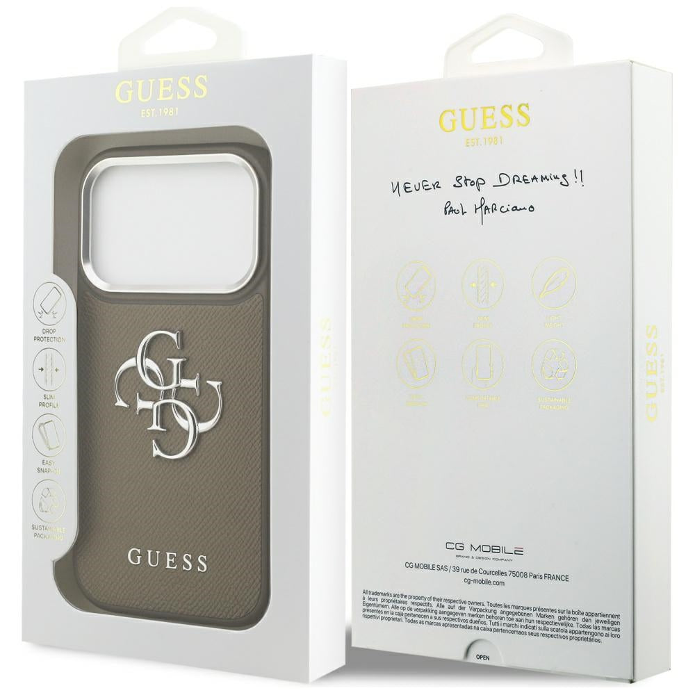 Husa pentru Apple iPhone 17 Pro, Guess, 4G Grained Big And Classic Logo, Maro Argintie