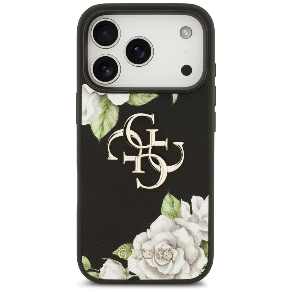Husa pentru Apple iPhone 17 Pro, Guess, 4G Grained Roses Big Logo, Neagra