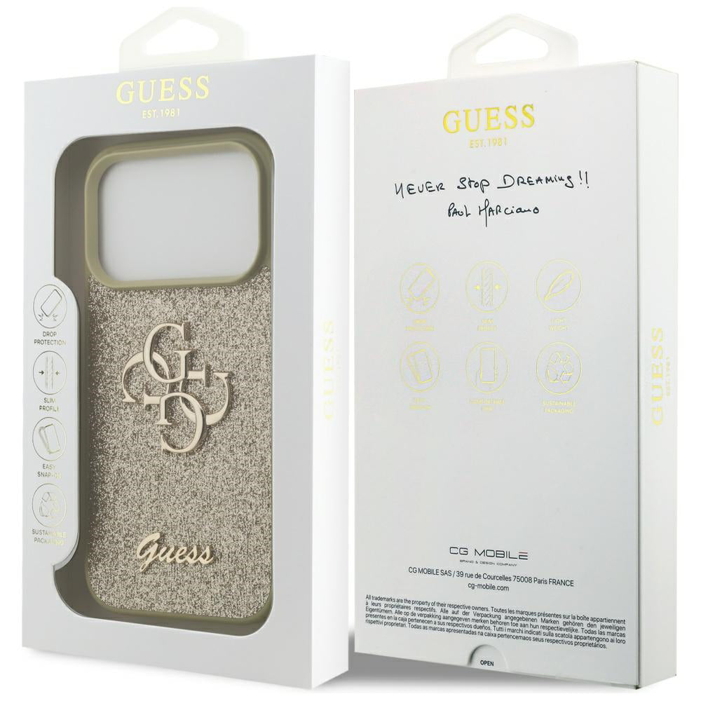 Husa pentru Apple iPhone 17 Pro, Guess, Fixed Glitter Big 4G, Aurie