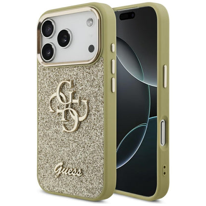 Husa pentru Apple iPhone 17 Pro, Guess, Fixed Glitter Big 4G Metal Frame, Aurie