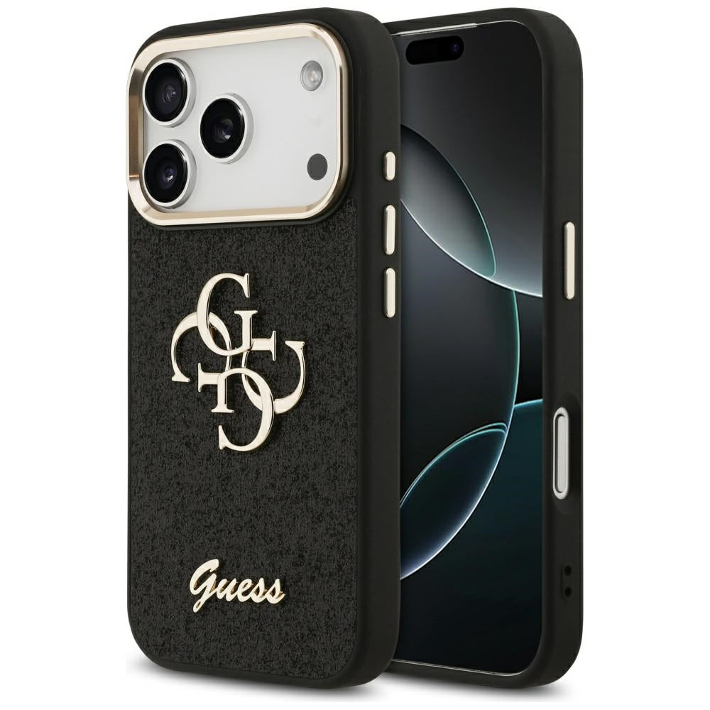 Husa pentru Apple iPhone 17 Pro, Guess, Fixed Glitter Big 4G Metal Frame, Neagra