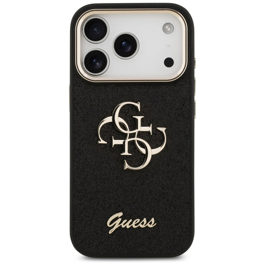 Husa pentru Apple iPhone 17 Pro, Guess, Fixed Glitter Big 4G Metal Frame, Neagra