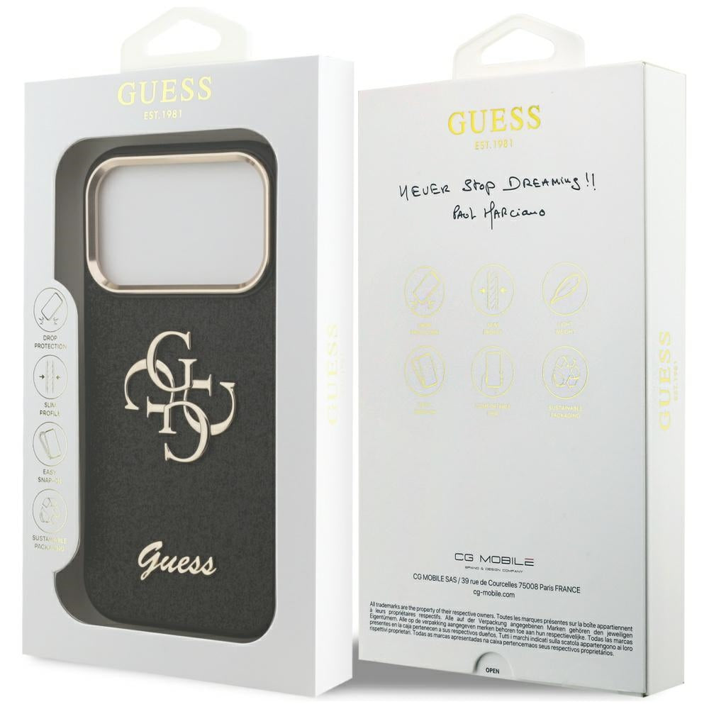 Husa pentru Apple iPhone 17 Pro, Guess, Fixed Glitter Big 4G Metal Frame, Neagra