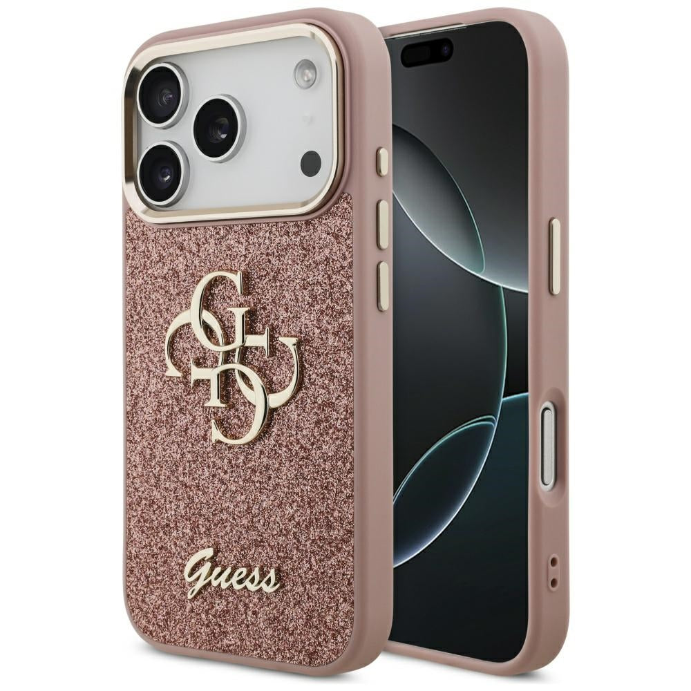 Husa pentru Apple iPhone 17 Pro, Guess, Fixed Glitter Big 4G Metal Frame, Roz