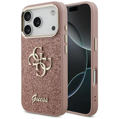 Husa pentru Apple iPhone 17 Pro, Guess, Fixed Glitter Big 4G Metal Frame, Roz