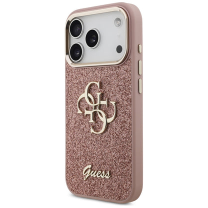 Husa pentru Apple iPhone 17 Pro, Guess, Fixed Glitter Big 4G Metal Frame, Roz