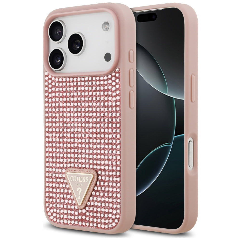 Husa pentru Apple iPhone 17 Pro, Guess, Rhinestone Triangle Logo, Roz