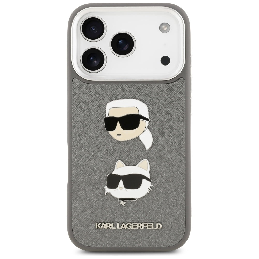 Husa pentru Apple iPhone 17 Pro, Karl Lagerfeld, Grained Karl & Choupette's Heads Pins and Logo, Gri