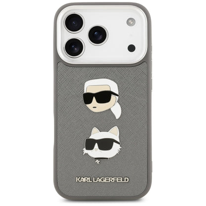 Husa pentru Apple iPhone 17 Pro, Karl Lagerfeld, Grained Karl & Choupette's Heads Pins and Logo, Gri