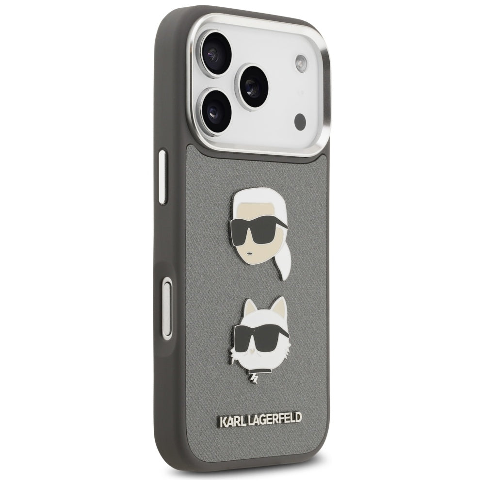 Husa pentru Apple iPhone 17 Pro, Karl Lagerfeld, Grained Karl & Choupette's Heads Pins and Logo, Gri
