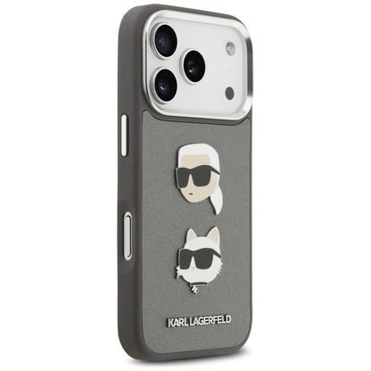 Husa pentru Apple iPhone 17 Pro, Karl Lagerfeld, Grained Karl & Choupette's Heads Pins and Logo, Gri