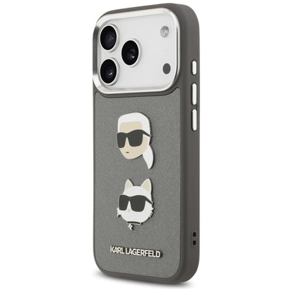Husa pentru Apple iPhone 17 Pro, Karl Lagerfeld, Grained Karl & Choupette's Heads Pins and Logo, Gri