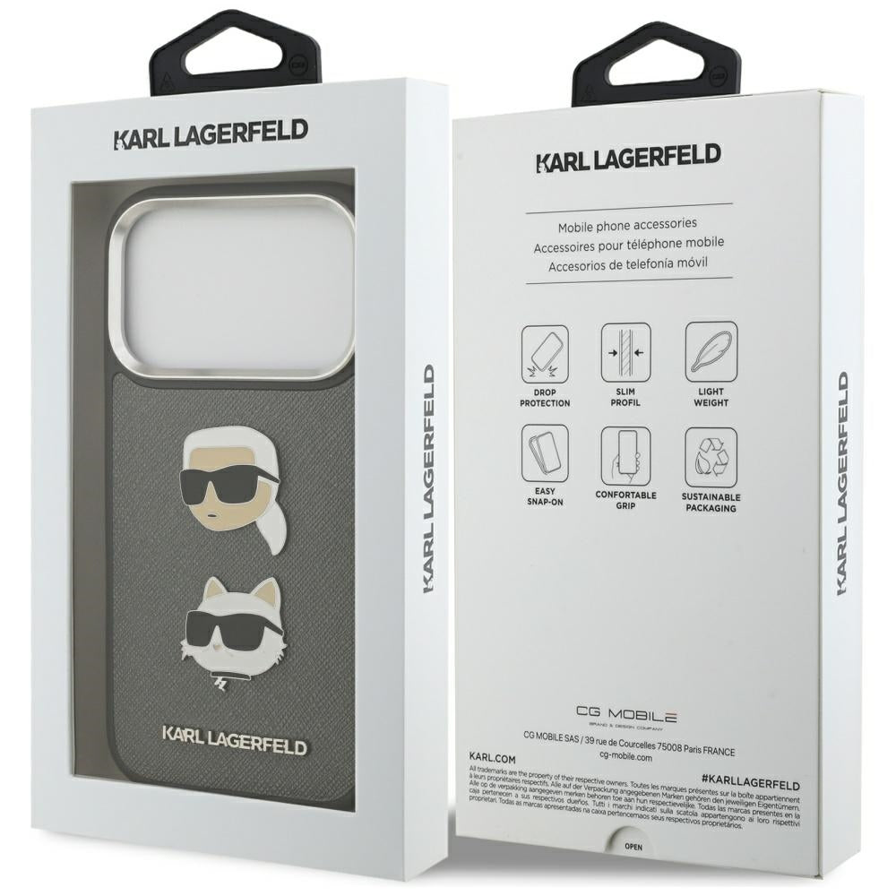 Husa pentru Apple iPhone 17 Pro, Karl Lagerfeld, Grained Karl & Choupette's Heads Pins and Logo, Gri