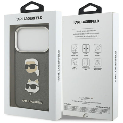 Husa pentru Apple iPhone 17 Pro, Karl Lagerfeld, Grained Karl & Choupette's Heads Pins and Logo, Gri