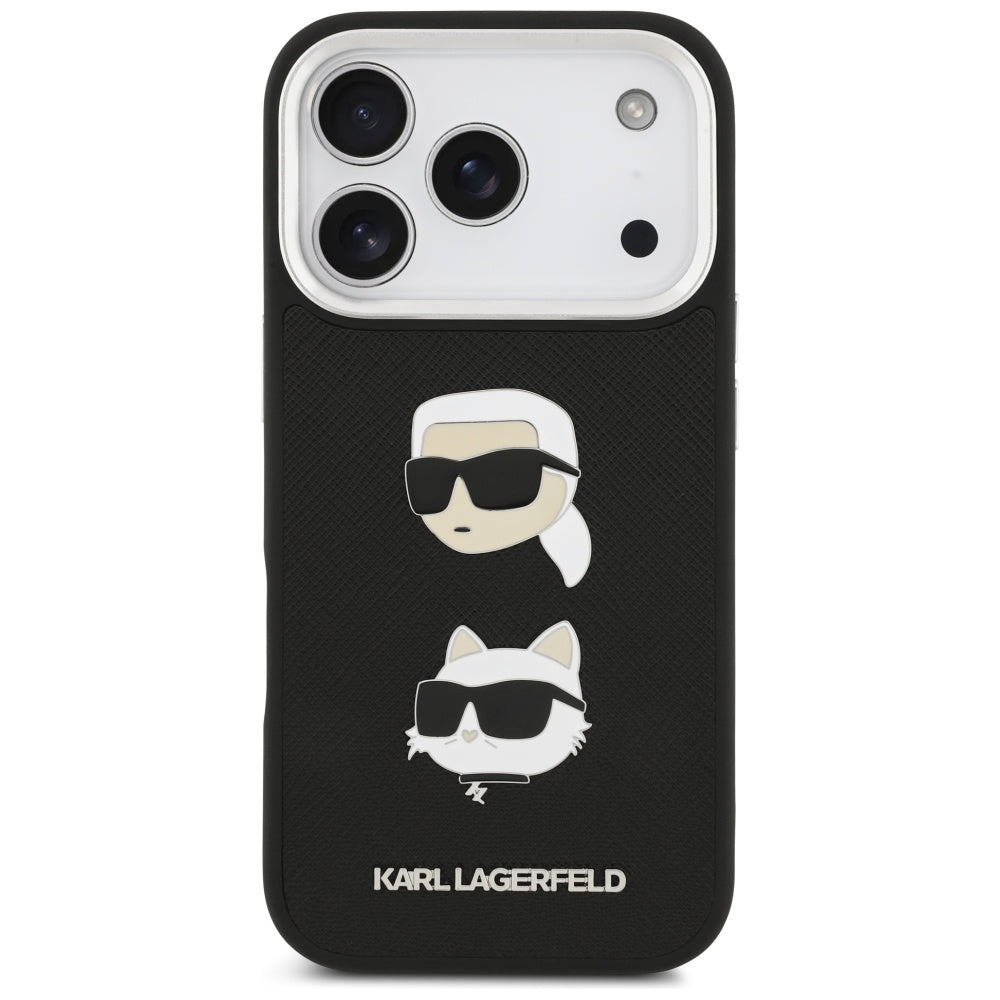 Husa pentru Apple iPhone 17 Pro, Karl Lagerfeld, Grained Karl & Choupette's Heads Pins and Logo, Neagra