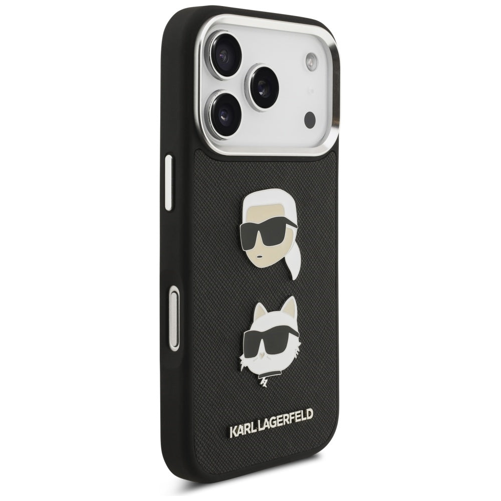 Husa pentru Apple iPhone 17 Pro, Karl Lagerfeld, Grained Karl & Choupette's Heads Pins and Logo, Neagra