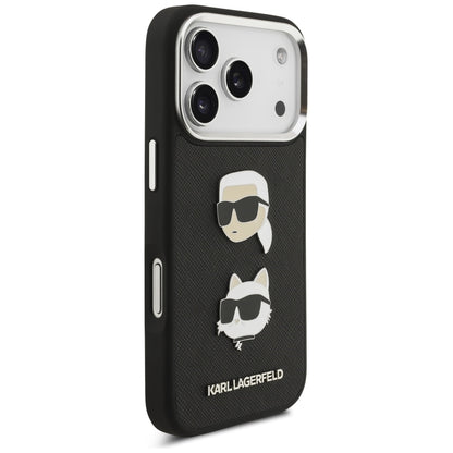 Husa pentru Apple iPhone 17 Pro, Karl Lagerfeld, Grained Karl & Choupette's Heads Pins and Logo, Neagra