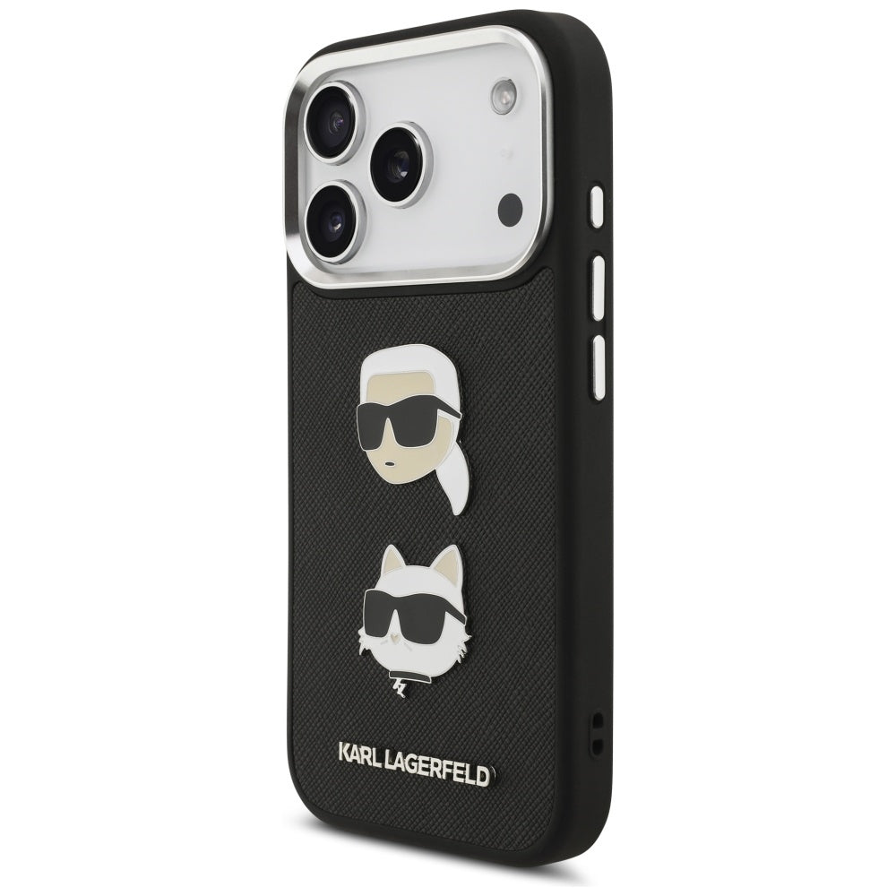 Husa pentru Apple iPhone 17 Pro, Karl Lagerfeld, Grained Karl & Choupette's Heads Pins and Logo, Neagra