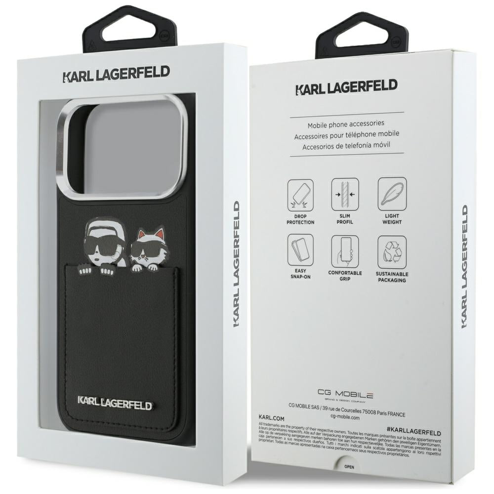 Husa pentru Apple iPhone 17 Pro, Karl Lagerfeld, Karl & Choupette Print with Pocket, Neagra