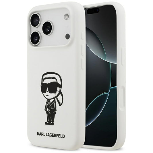 Husa pentru Apple iPhone 17 Pro, Karl Lagerfeld, Sketch and Logo Karl, Alba