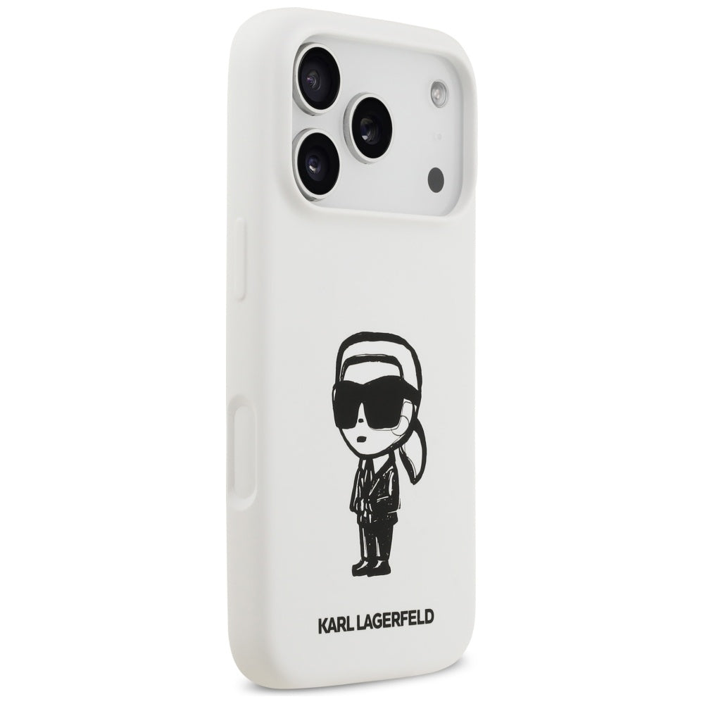 Husa pentru Apple iPhone 17 Pro, Karl Lagerfeld, Sketch and Logo Karl, Alba