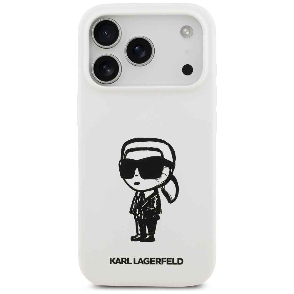 Husa pentru Apple iPhone 17 Pro, Karl Lagerfeld, Sketch and Logo Karl, Alba