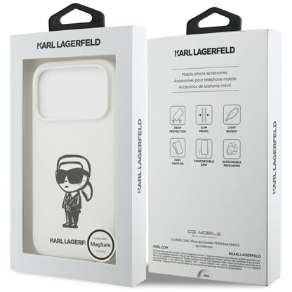 Husa pentru Apple iPhone 17 Pro, Karl Lagerfeld, Sketch and Logo Karl, Alba