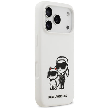 Husa pentru Apple iPhone 17 Pro, Karl Lagerfeld, Sketch and Logo Karl & Choupette, Alba