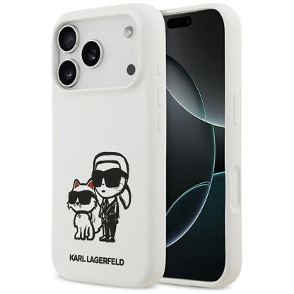 Husa pentru Apple iPhone 17 Pro, Karl Lagerfeld, Sketch and Logo Karl & Choupette, Alba