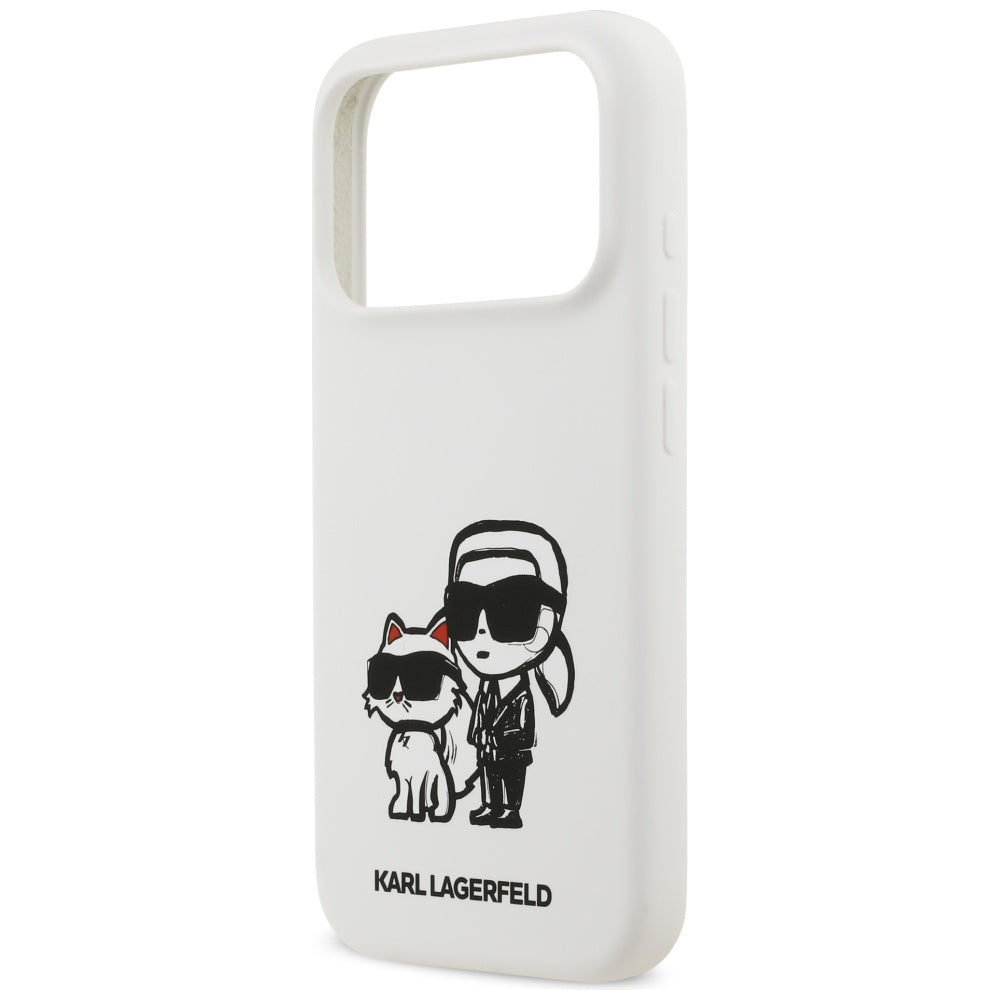 Husa pentru Apple iPhone 17 Pro, Karl Lagerfeld, Sketch and Logo Karl & Choupette, Alba