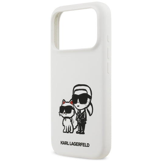 Husa pentru Apple iPhone 17 Pro, Karl Lagerfeld, Sketch and Logo Karl & Choupette, Alba
