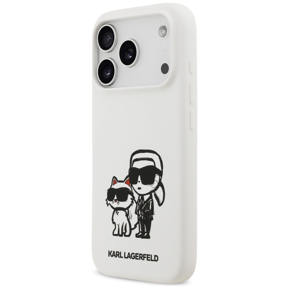 Husa pentru Apple iPhone 17 Pro, Karl Lagerfeld, Sketch and Logo Karl & Choupette, Alba