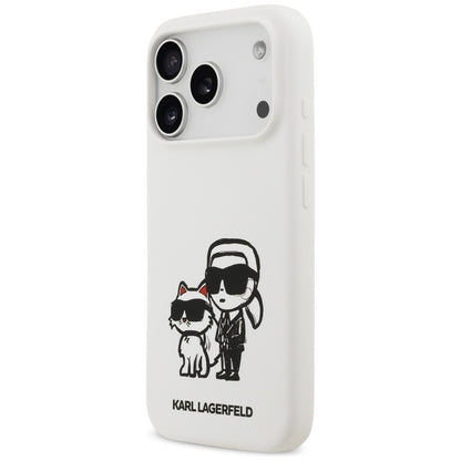 Husa pentru Apple iPhone 17 Pro, Karl Lagerfeld, Sketch and Logo Karl & Choupette, Alba