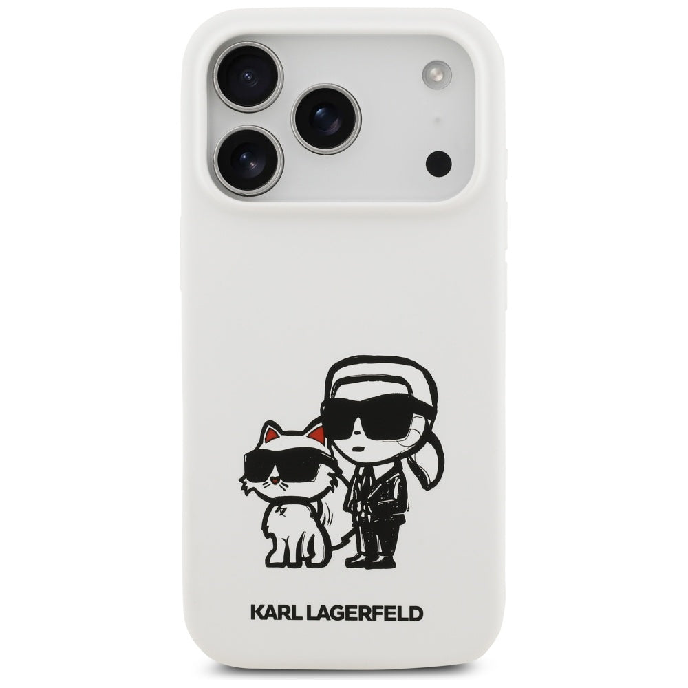 Husa pentru Apple iPhone 17 Pro, Karl Lagerfeld, Sketch and Logo Karl & Choupette, Alba