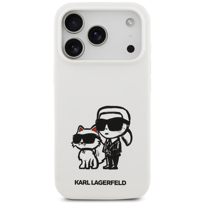 Husa pentru Apple iPhone 17 Pro, Karl Lagerfeld, Sketch and Logo Karl & Choupette, Alba