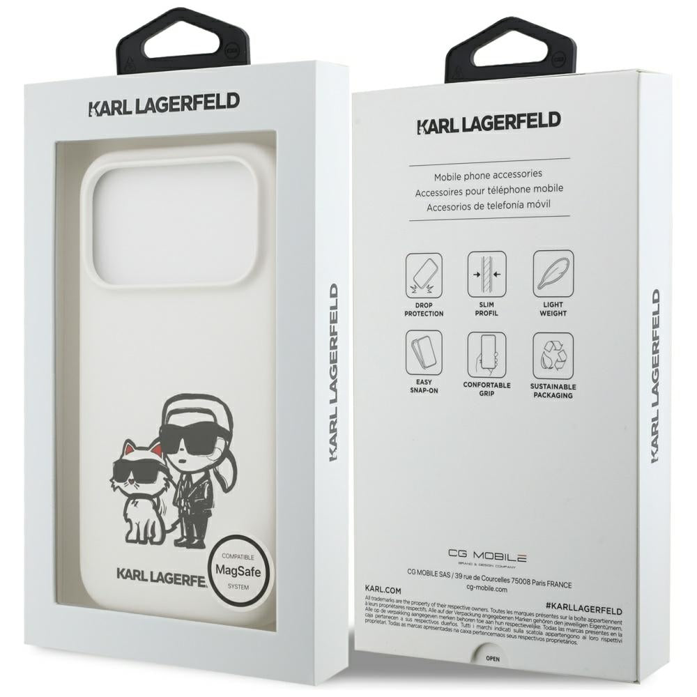 Husa pentru Apple iPhone 17 Pro, Karl Lagerfeld, Sketch and Logo Karl & Choupette, Alba
