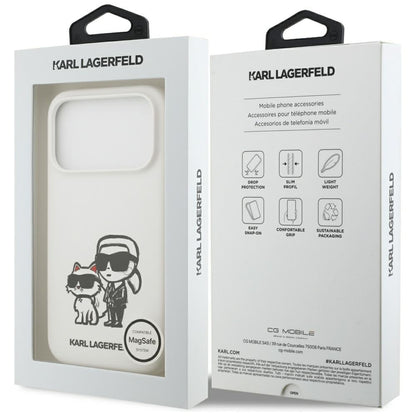 Husa pentru Apple iPhone 17 Pro, Karl Lagerfeld, Sketch and Logo Karl & Choupette, Alba