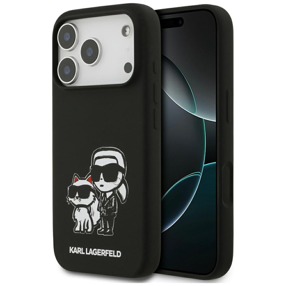 Husa pentru Apple iPhone 17 Pro, Karl Lagerfeld, Sketch and Logo Karl & Choupette, Neagra