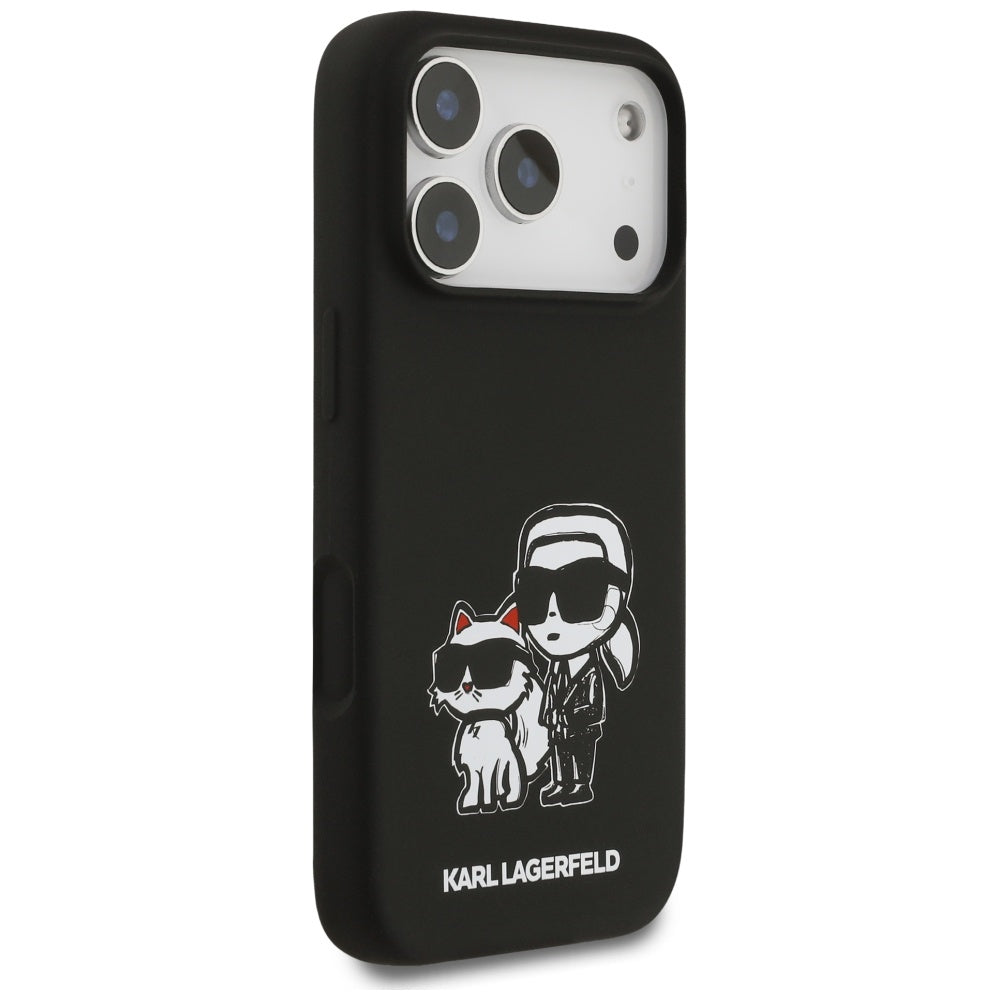 Husa pentru Apple iPhone 17 Pro, Karl Lagerfeld, Sketch and Logo Karl & Choupette, Neagra